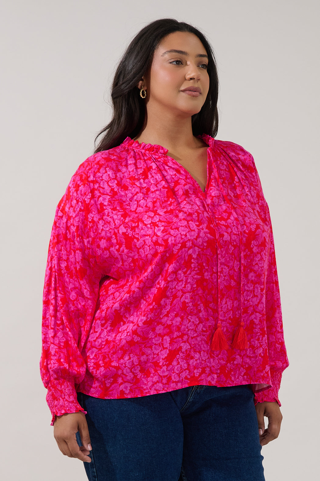 Weylin Split Neck Blouse Rouge Floral Curve