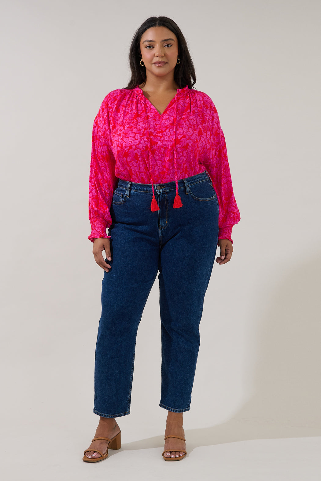 Weylin Split Neck Blouse Rouge Floral Curve