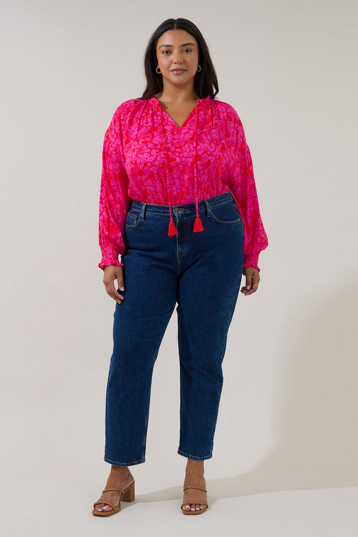 Weylin Split Neck Blouse Rouge Floral Curve