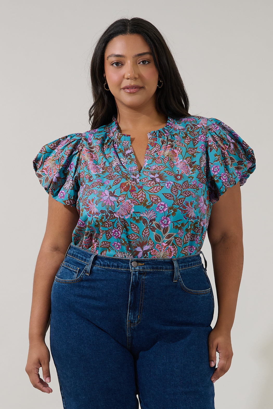 Keni Split Neck Top Berlin Floral Curve