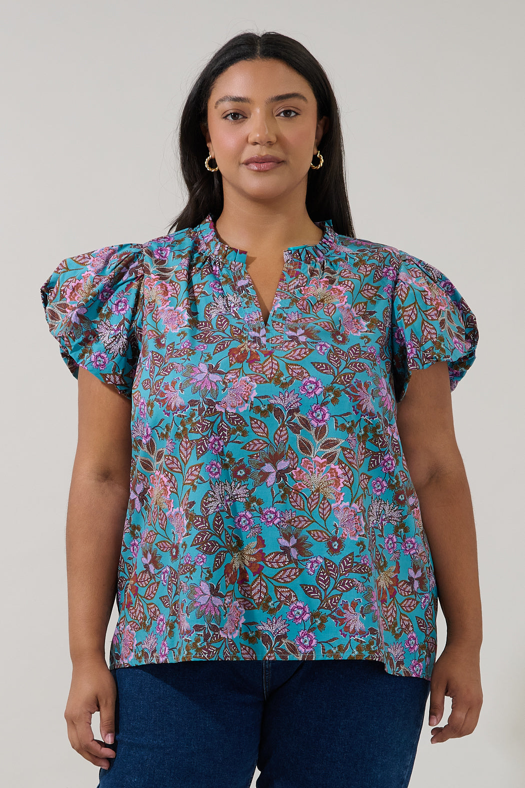 Keni Split Neck Top Berlin Floral Curve