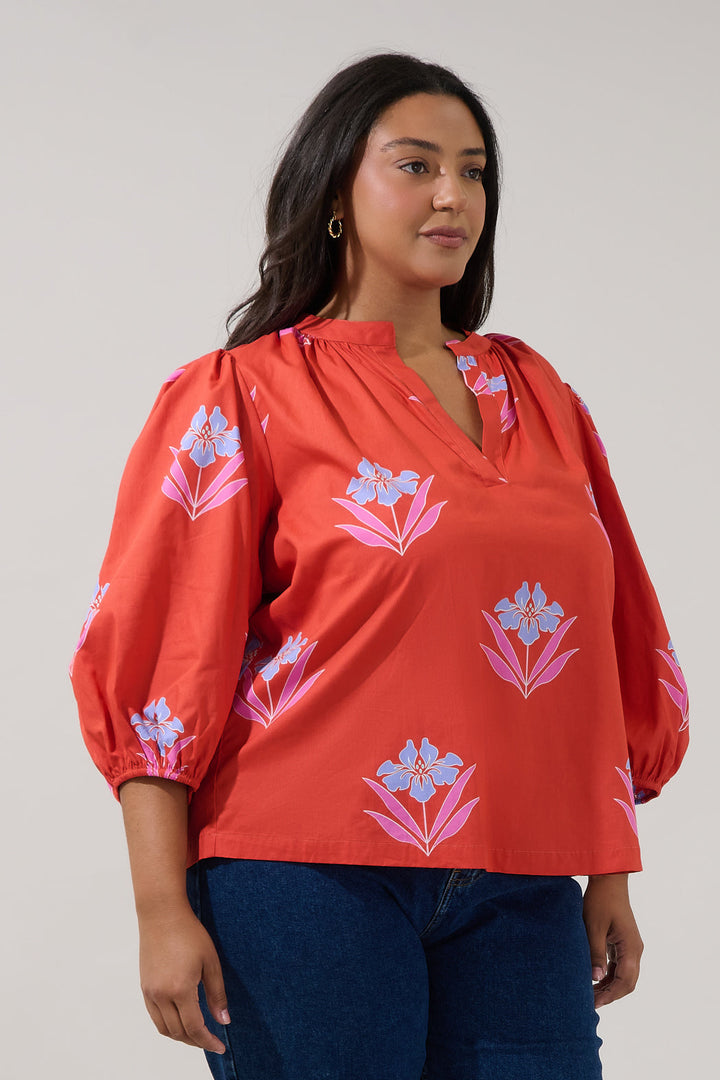 Cheney Split Neck Top Floral Curve