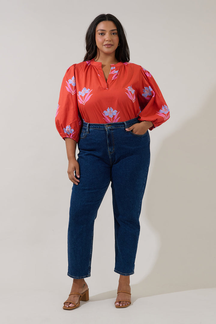 Cheney Split Neck Top Floral Curve