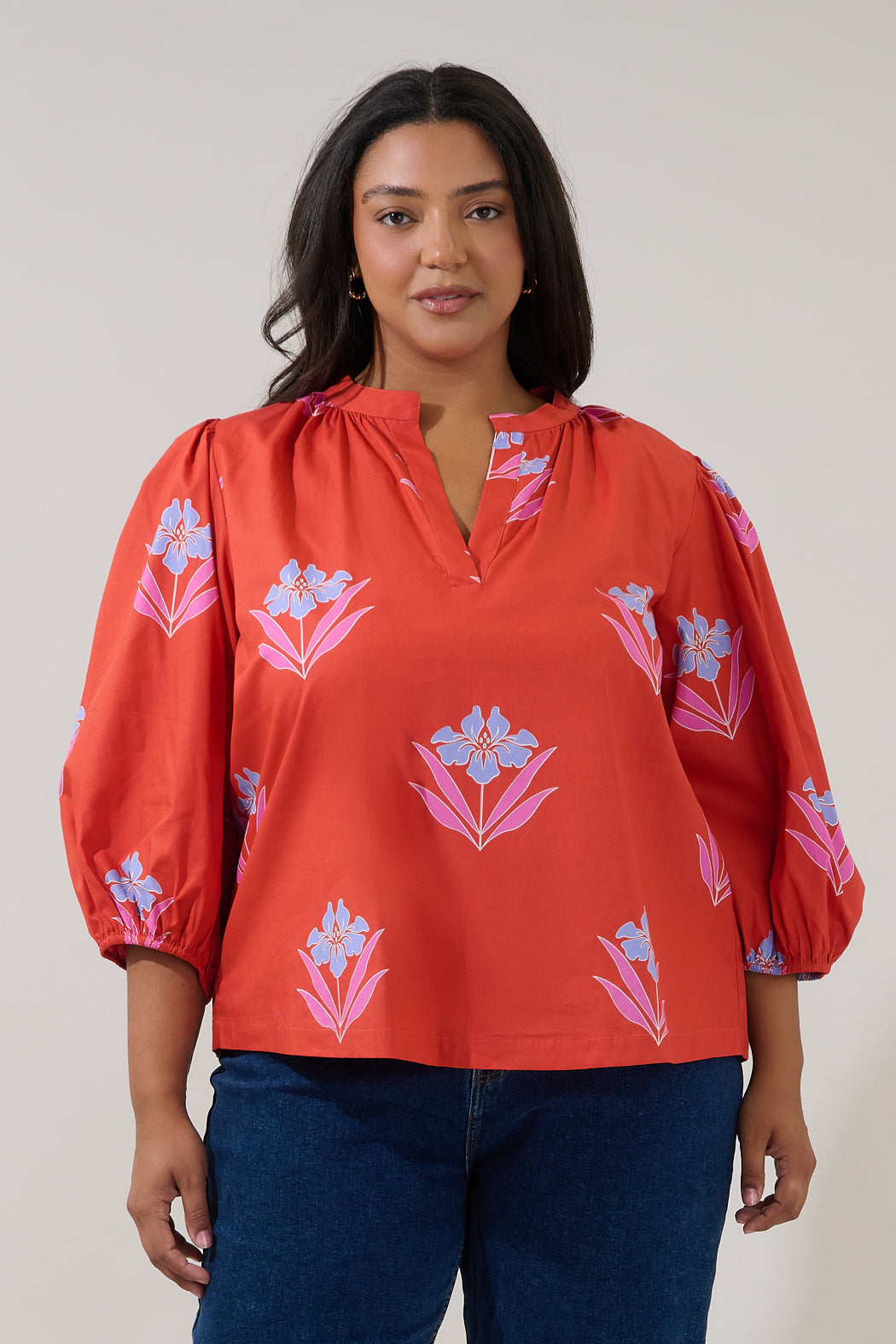 Cheney Split Neck Top Floral Curve