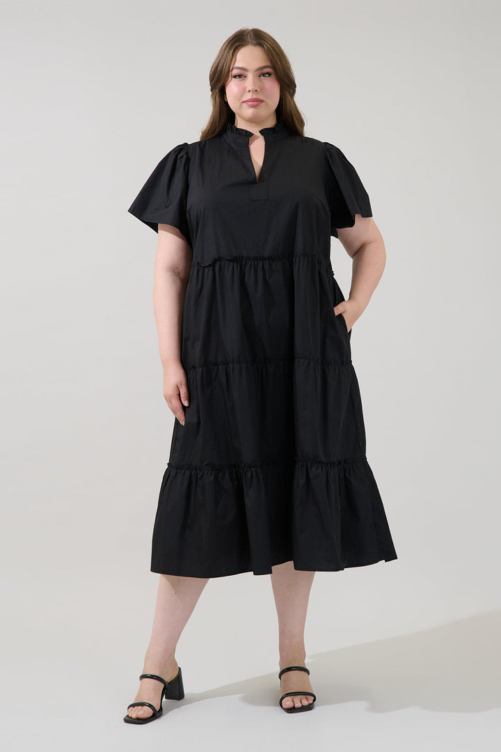 Noelle Split Neck Poplin Tiered Midi Dress Curve