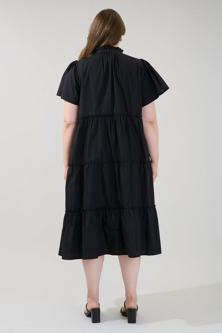 Noelle Split Neck Poplin Tiered Midi Dress Curve