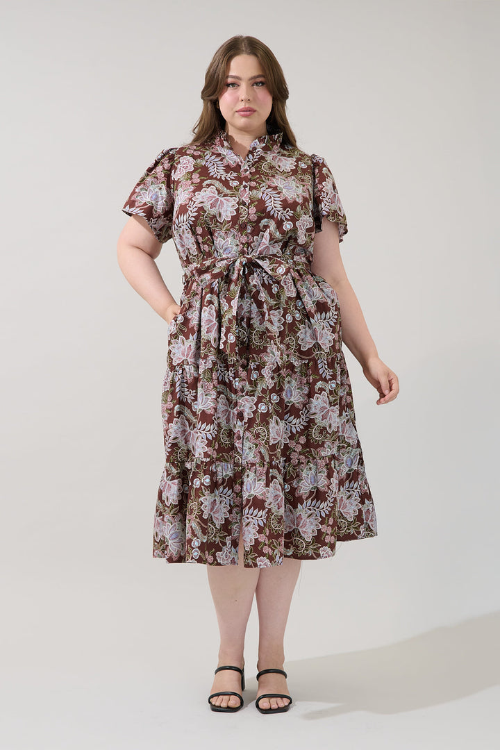Bellucci Poplin Button Front Tiered Midi Dress Rustic Curve