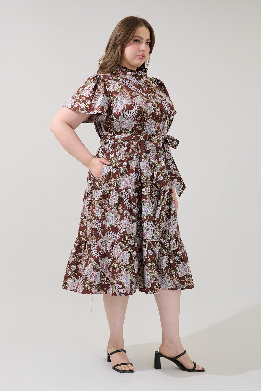 Bellucci Poplin Button Front Tiered Midi Dress Rustic Curve