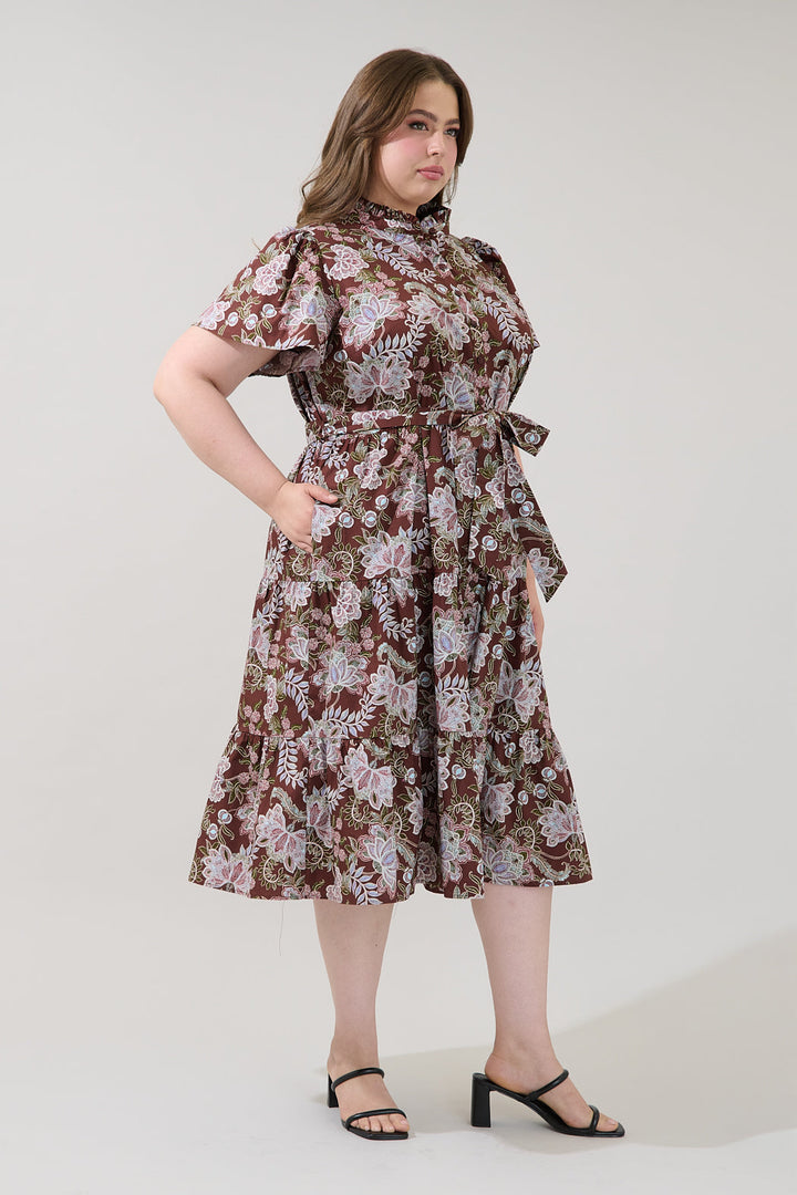 Bellucci Poplin Button Front Tiered Midi Dress Rustic Curve