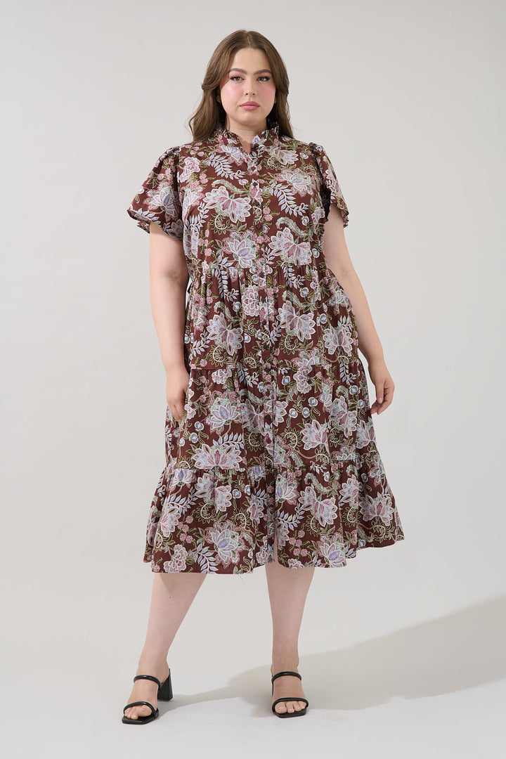 Bellucci Poplin Button Front Tiered Midi Dress Rustic Curve