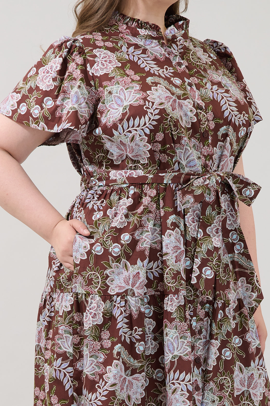 Bellucci Poplin Button Front Tiered Midi Dress Rustic Curve