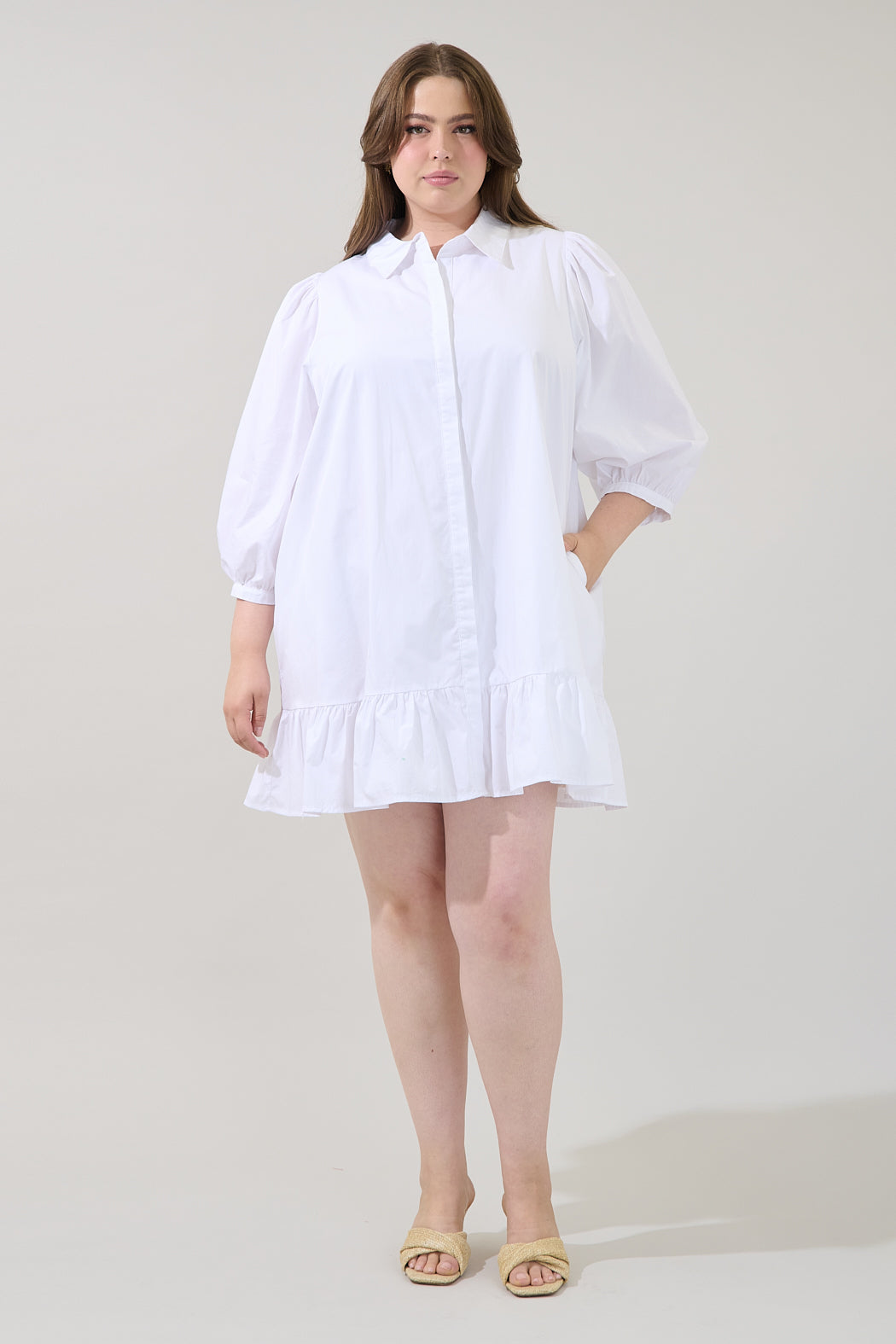 Maude Button Down Long Sleeve Shift Dress Curve
