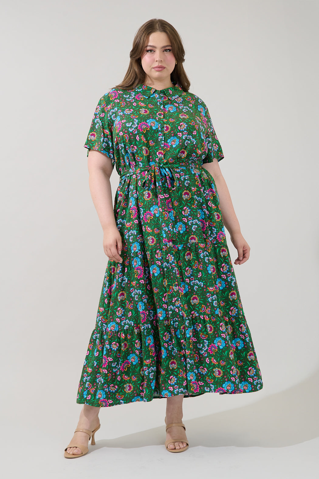 Tobie Belted Button Down Maxi Dress Botanical Curve