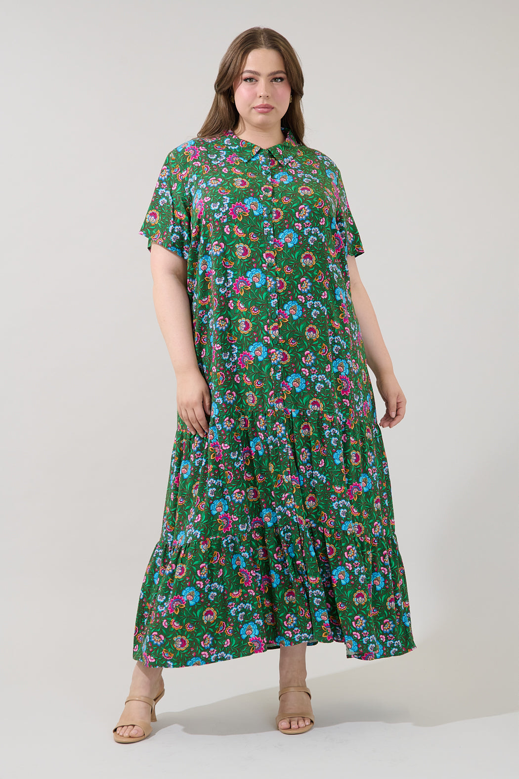 Tobie Belted Button Down Maxi Dress Botanical Curve