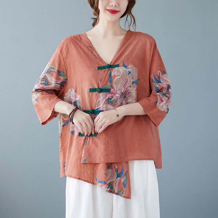 Pia - Yellow Button Shirt Tops Asymmetrical Half Sleeve