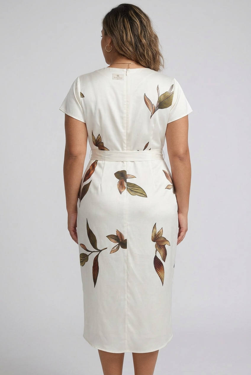 Rosa | White Leaf Short Sleeve Satin Midi Dress