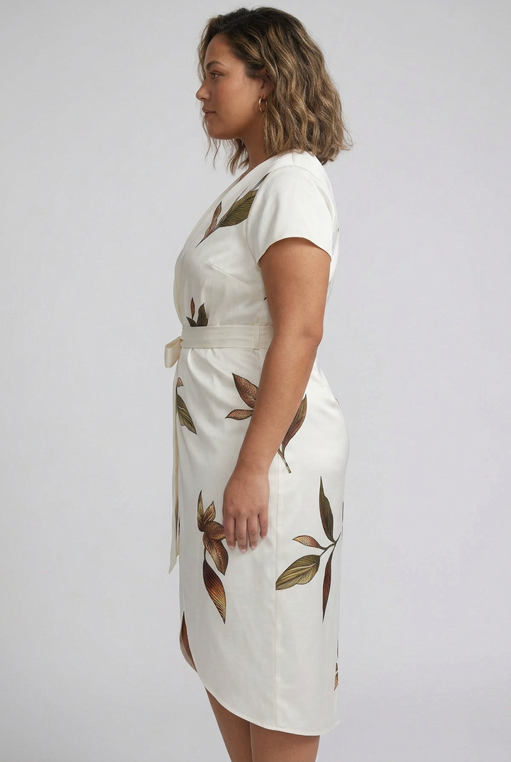 Rosa | White Leaf Short Sleeve Satin Midi Dress