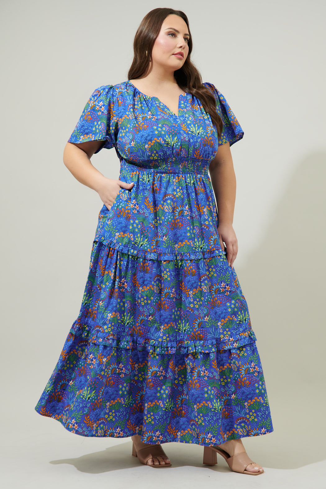 Ruya Floral Palmer Poplin Tiered Maxi Dress Curve