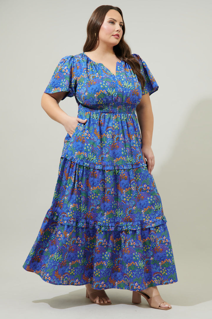 Ruya Floral Palmer Poplin Tiered Maxi Dress Curve