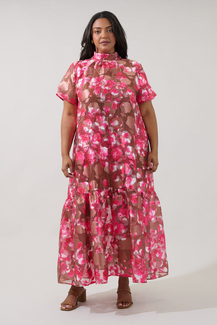 Mersin Floral Dime Organza Mockneck Maxi Dress Curve