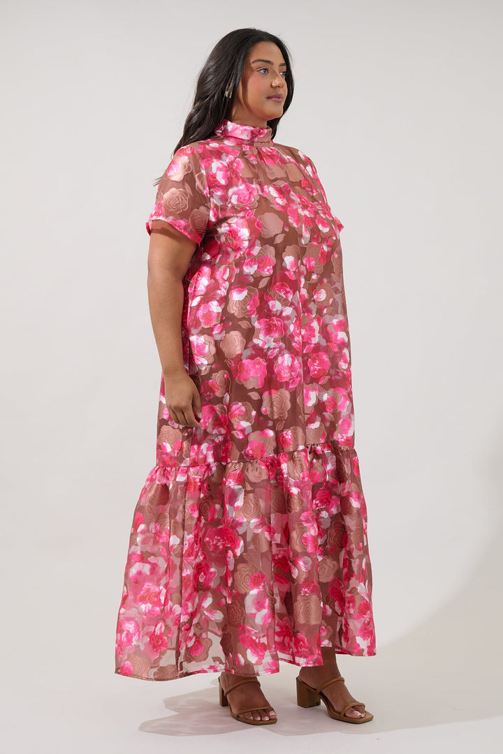 Mersin Floral Dime Organza Mockneck Maxi Dress Curve