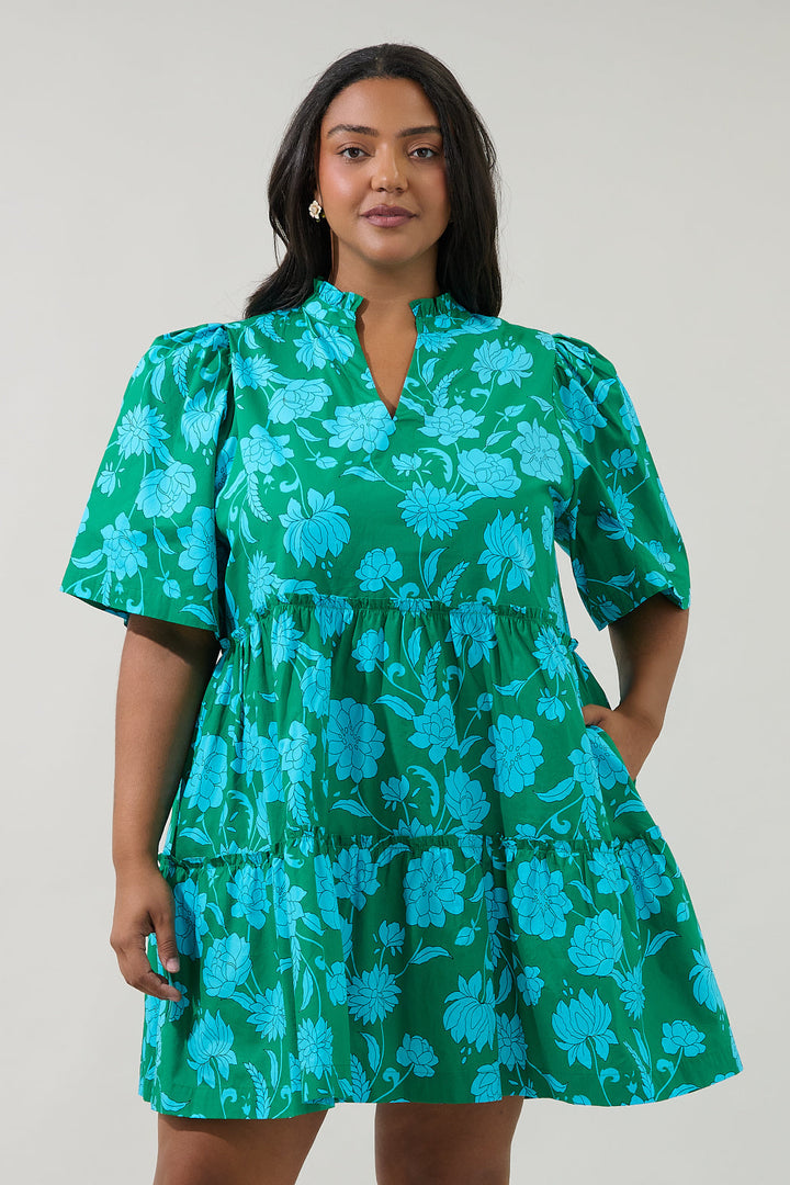 Waterlilly Floral Dixie Split Neck Shift Dress Curve