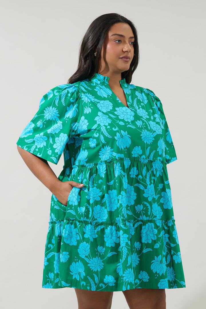 Waterlilly Floral Dixie Split Neck Shift Dress Curve