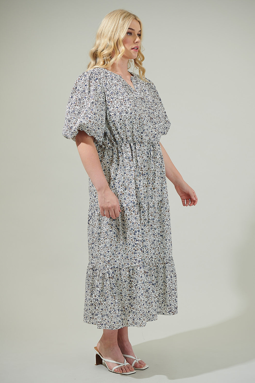 Heath Floral Balloon Sleeve Tiered Midi Dress Curve