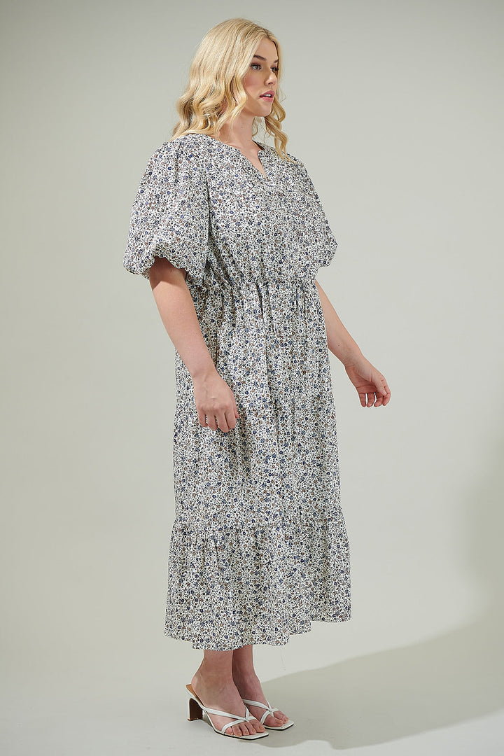 Heath Floral Balloon Sleeve Tiered Midi Dress Curve