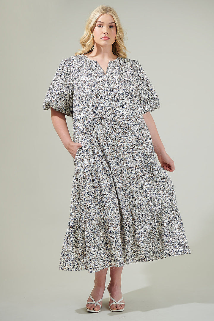 Heath Floral Balloon Sleeve Tiered Midi Dress Curve