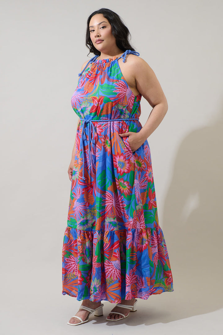 Cindal Floral Kay Halter Neck Maxi Dress Curve