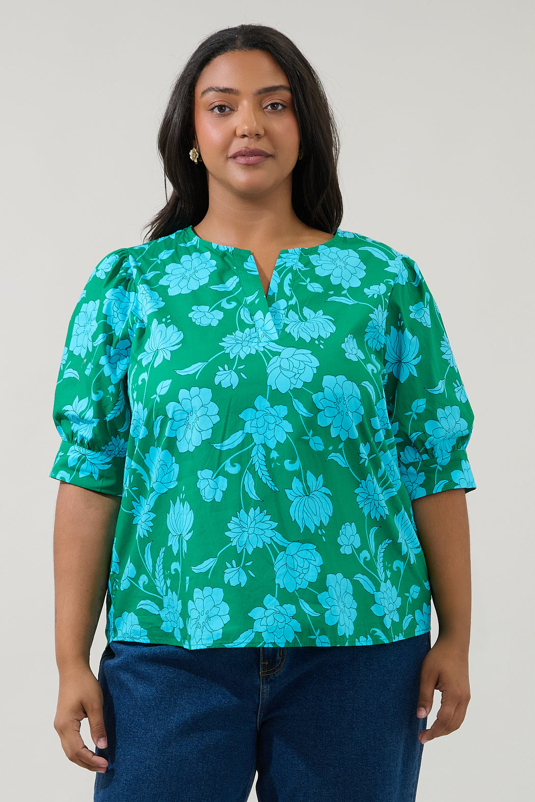 Waterlilly Floral Balloon Sleeve Top Curve