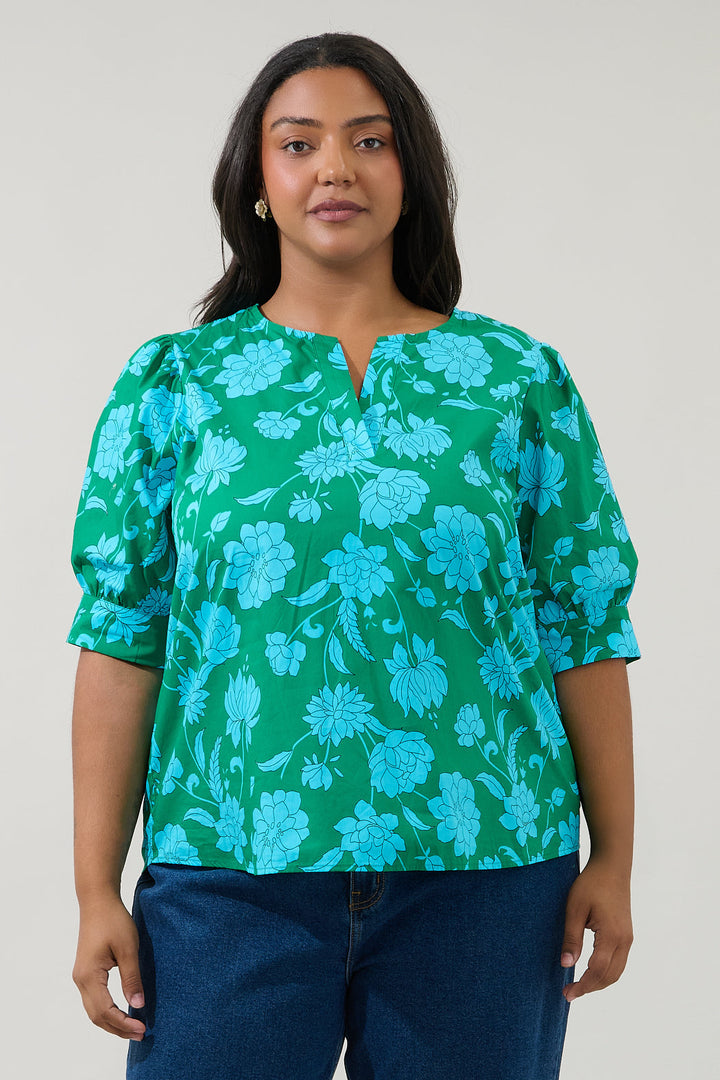 Waterlilly Floral Balloon Sleeve Top Curve