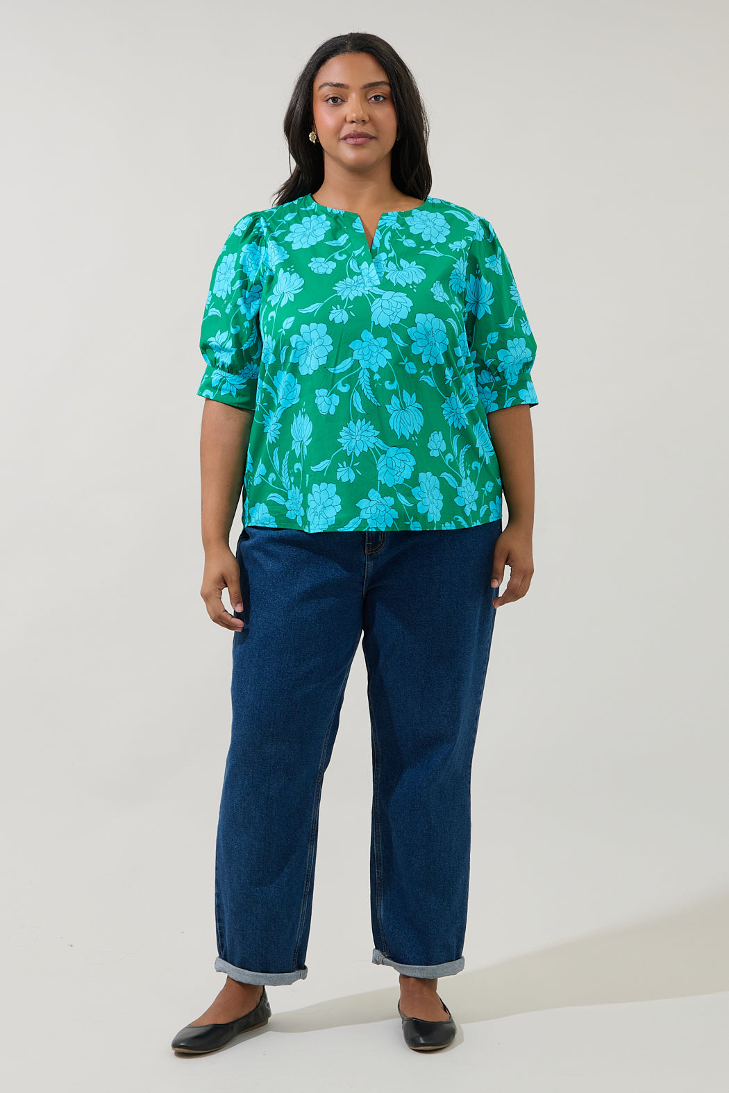 Waterlilly Floral Balloon Sleeve Top Curve