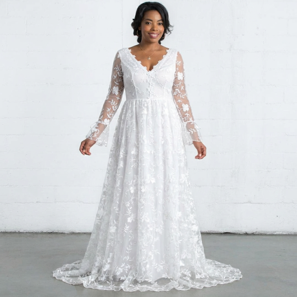 Savannah | Floral Lace Long Sleeve V-Neck Maxi Gown