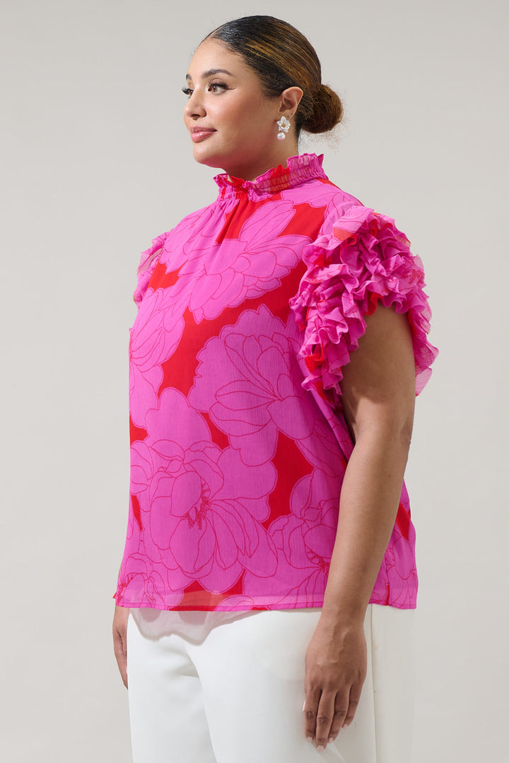 Zalea Floral Brenna Mock Neck Ruffle Blouse Curve