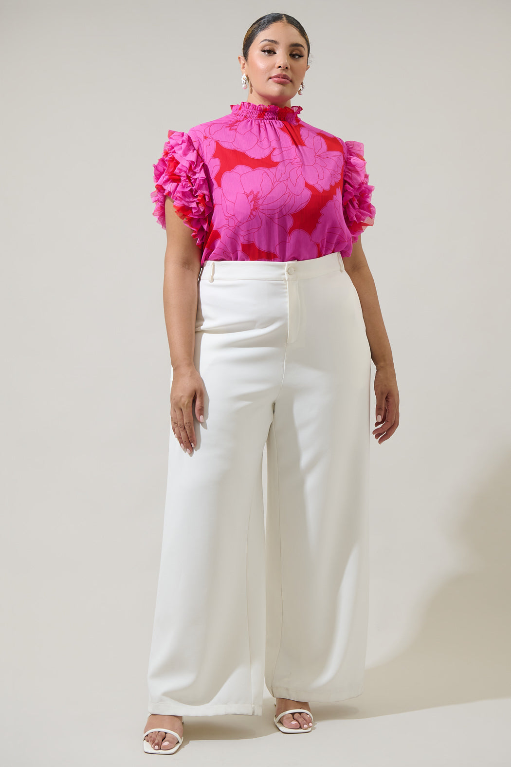 Zalea Floral Brenna Mock Neck Ruffle Blouse Curve