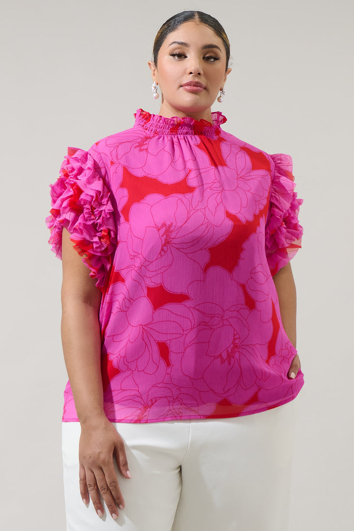 Zalea Floral Brenna Mock Neck Ruffle Blouse Curve