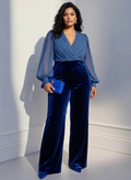 Blue mesh V-neck long sleeve velvet jumpsuit