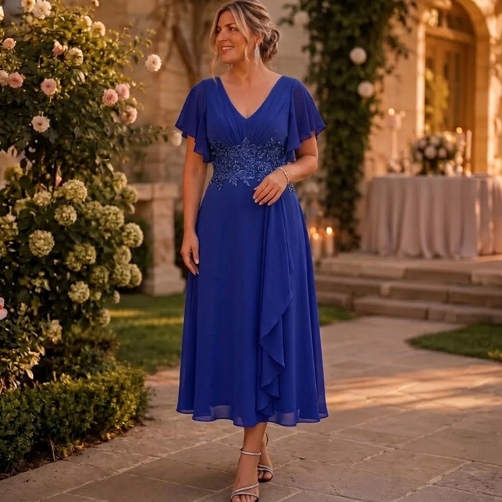 Rhea | V-Neck Flutter Sleeve Embellished Waist Maxi Dress