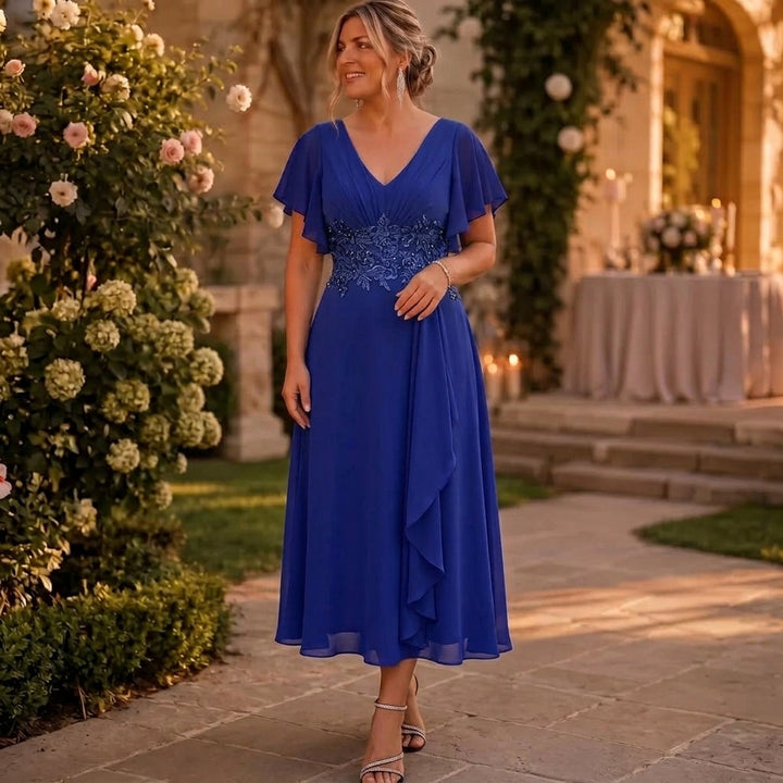 Rhea | V-Neck Flutter Sleeve Embellished Waist Maxi Dress