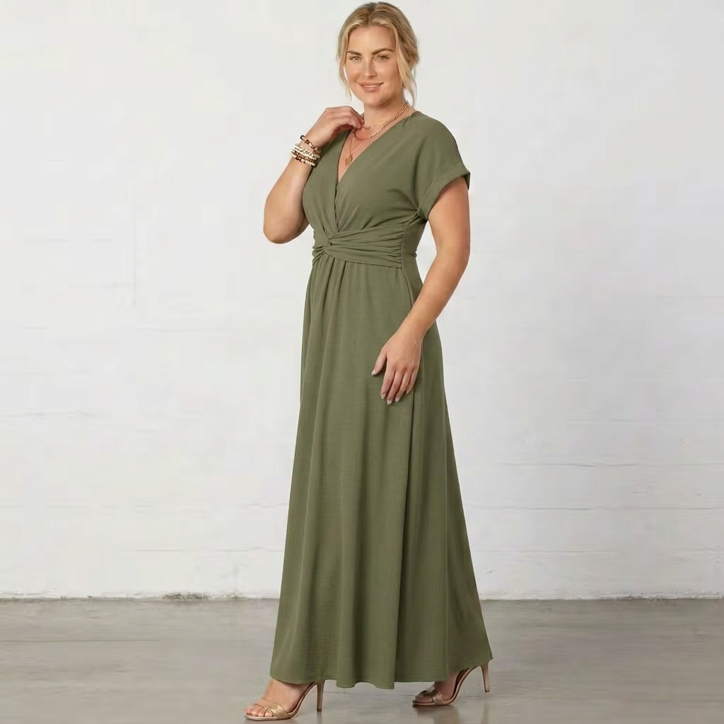 Verona | Women’s V-Neck Gathered-Waist Maxi Dress with Short Sleeves