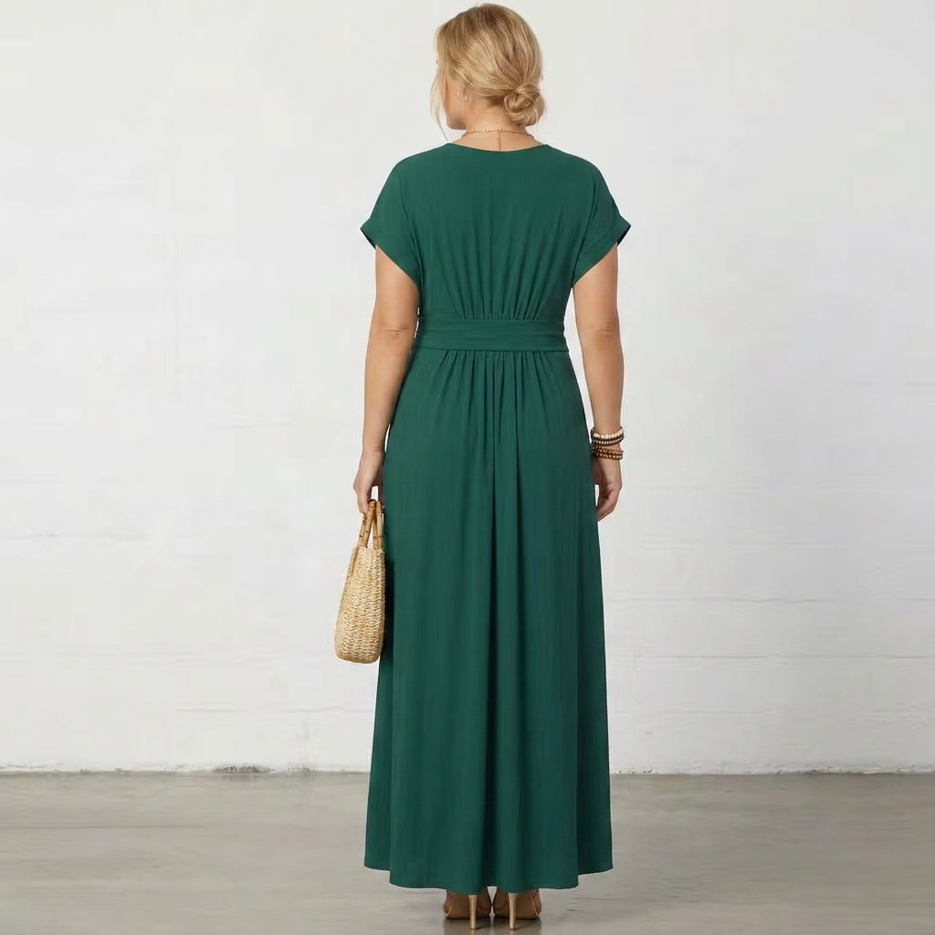 Verona | Women’s V-Neck Gathered-Waist Maxi Dress with Short Sleeves