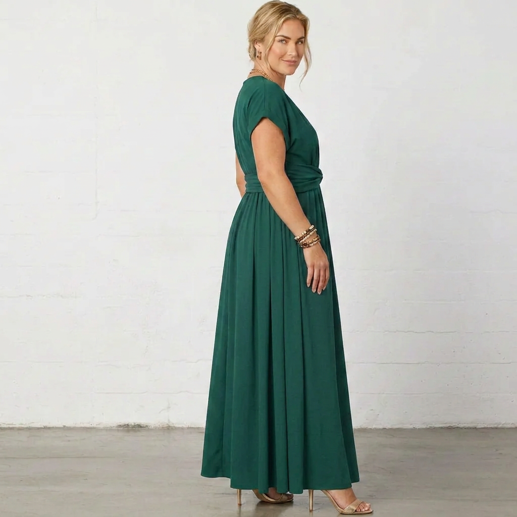 Verona | Women’s V-Neck Gathered-Waist Maxi Dress with Short Sleeves