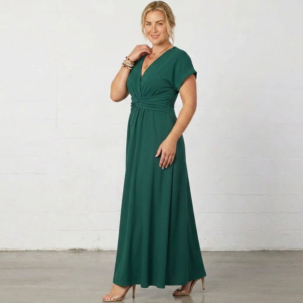 Verona | Women’s V-Neck Gathered-Waist Maxi Dress with Short Sleeves