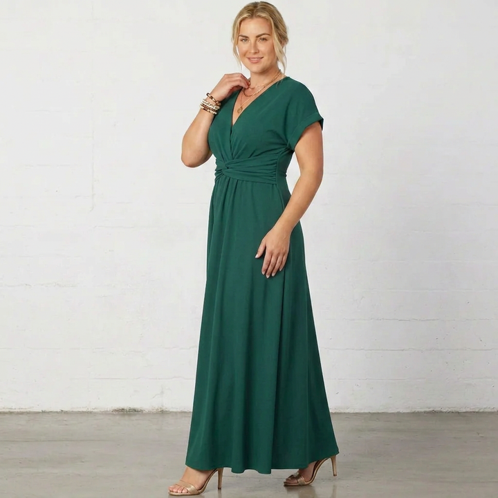 Verona | Women’s V-Neck Gathered-Waist Maxi Dress with Short Sleeves