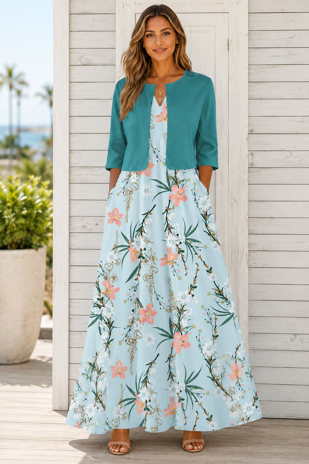 Women's A-Line Dress with V-Neck and Floral Print