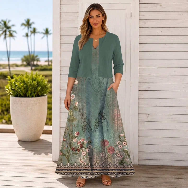 Women’s Floral Border Print Maxi Dress &amp; Cropped Cardigan Set