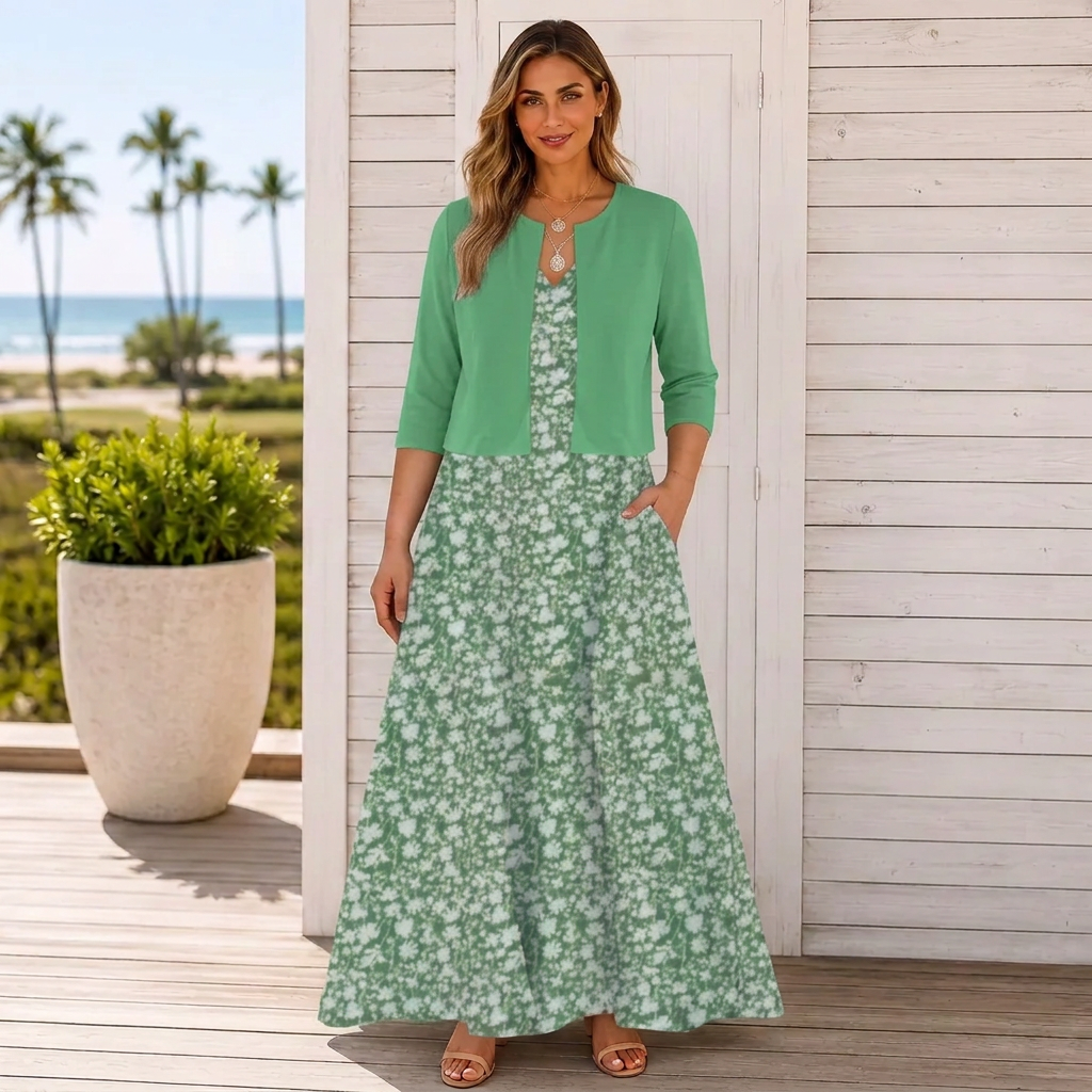 Women’s Floral Border Print Maxi Dress &amp; Cropped Cardigan Set