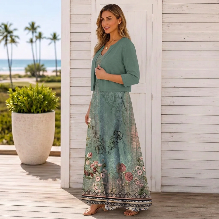 Women’s Floral Border Print Maxi Dress &amp; Cropped Cardigan Set